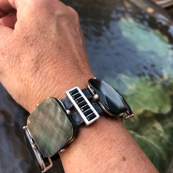 Bracelet Abalone Leather Silvertone - Picture 4 of 7